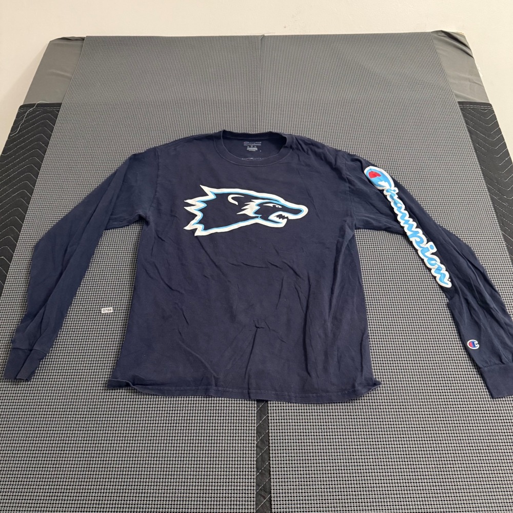 Champion‎ Mens Navy Blue Wolf Graphic Long Sleeve T-Shirt Big Logo Size M